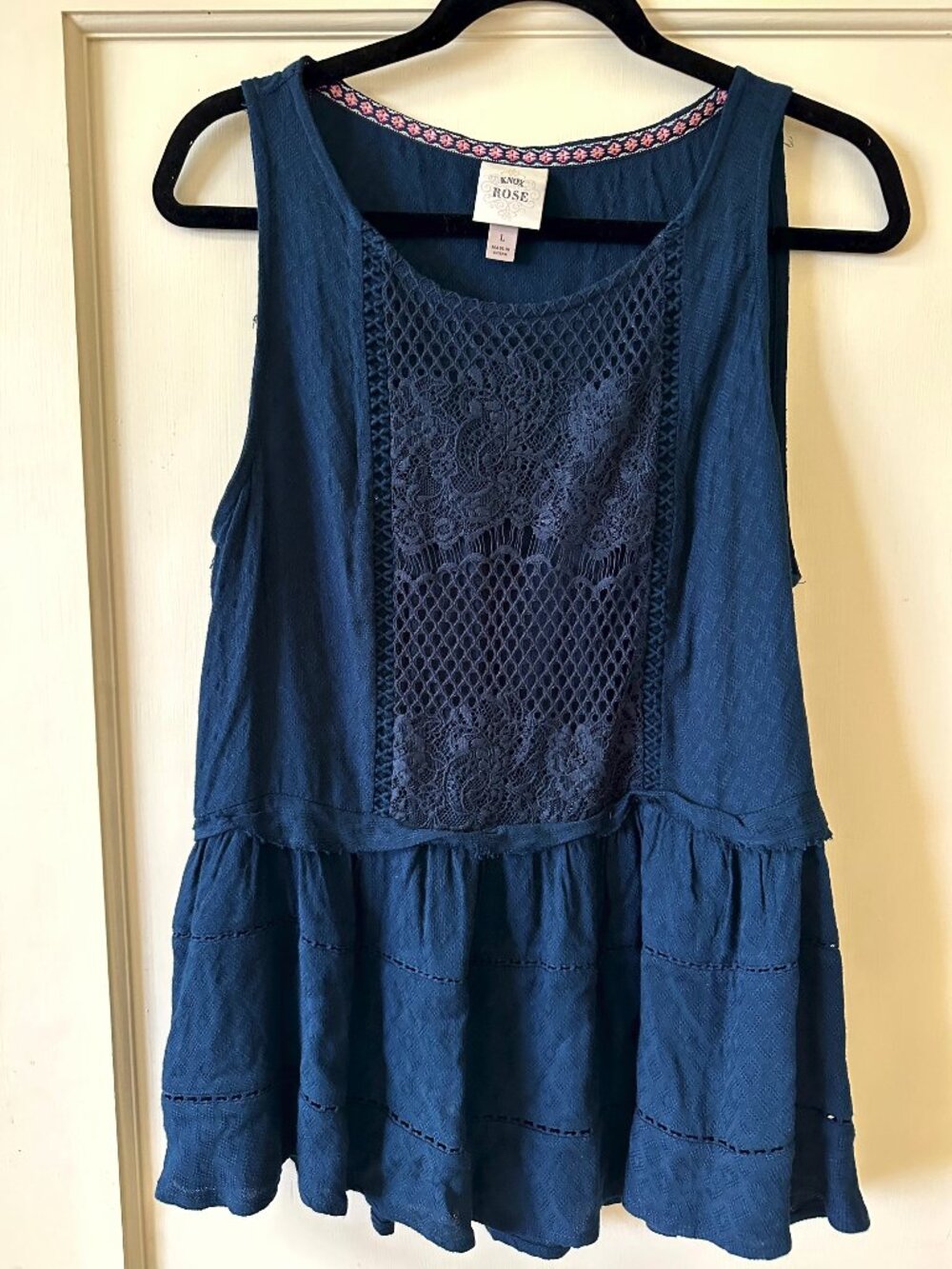 Knox Rose Womens L Deep Blue Tiered Tank Top Lace Detail Sleeveless Blouse